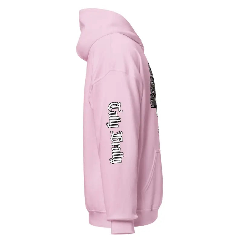 Pink hooded sweatshirt.