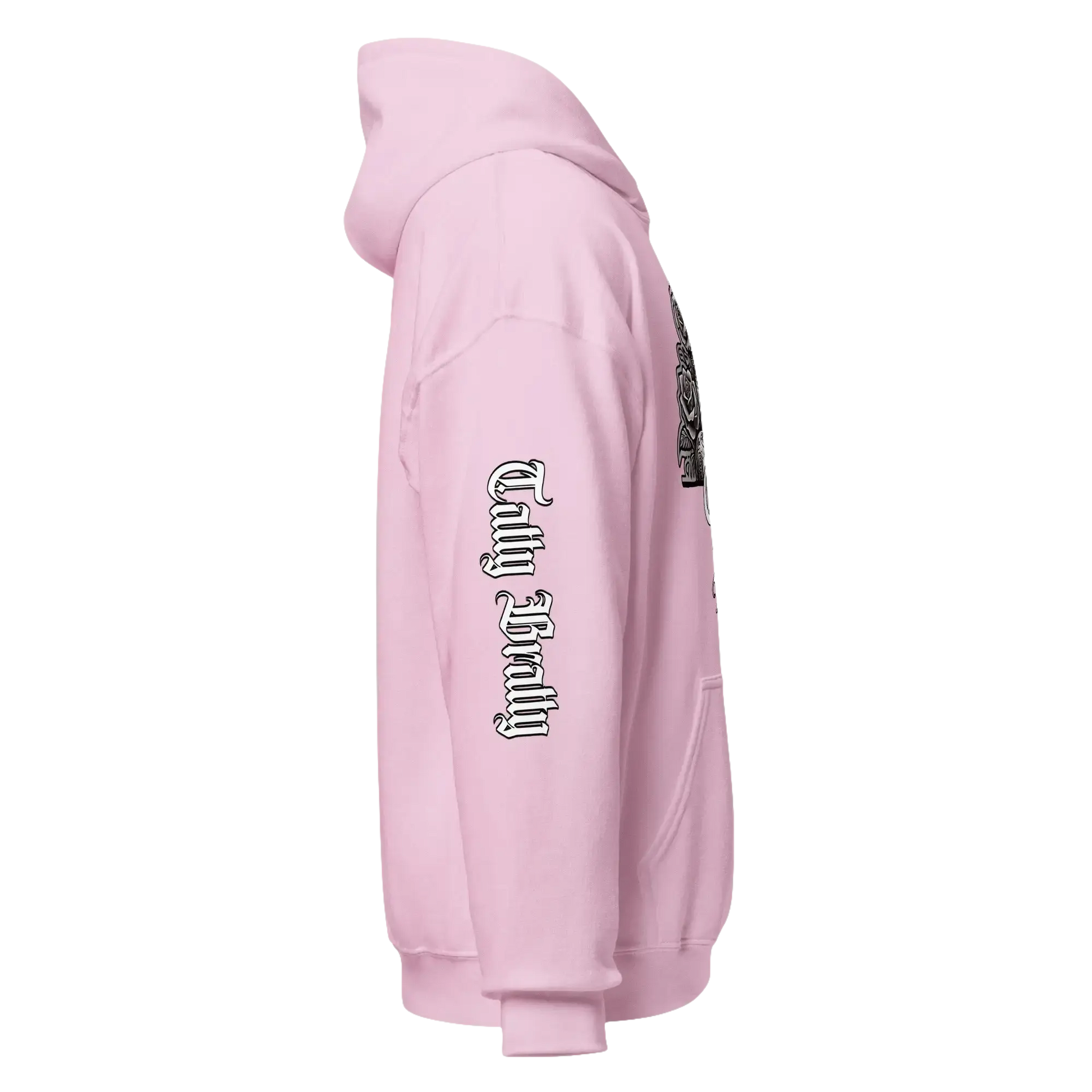 Pink hooded sweatshirt.