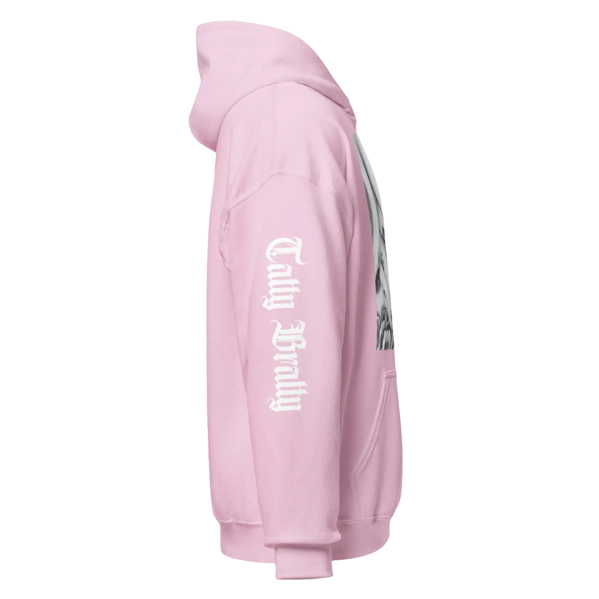 Pink hoodie with sleeve text.