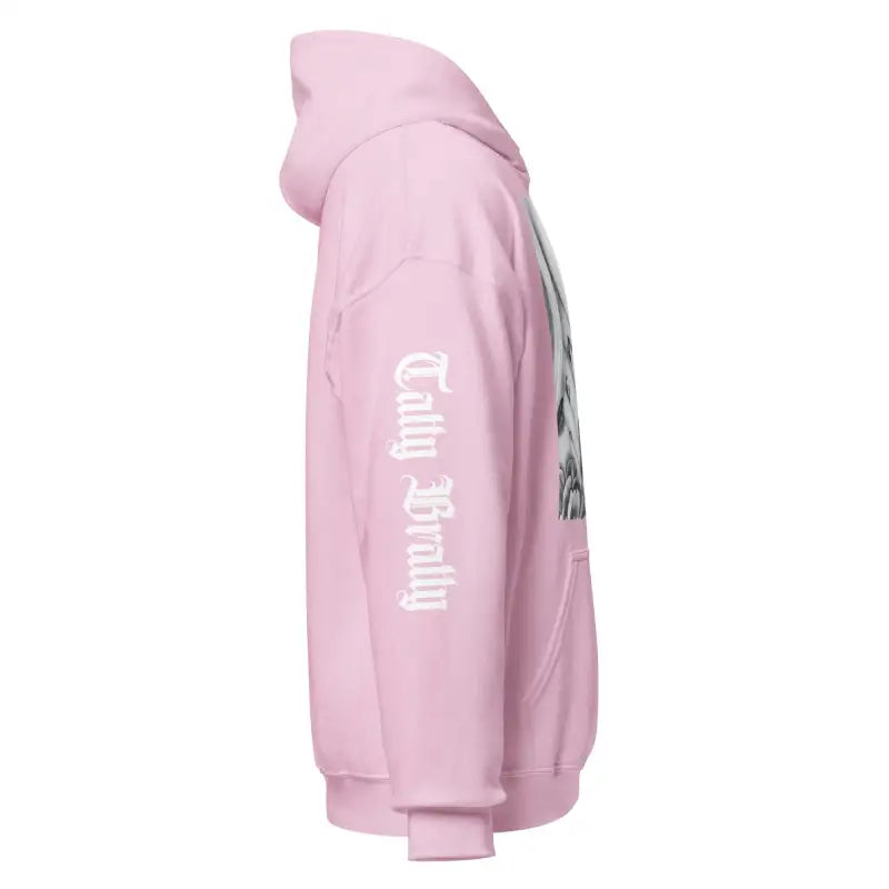 Pink hoodie with sleeve text.