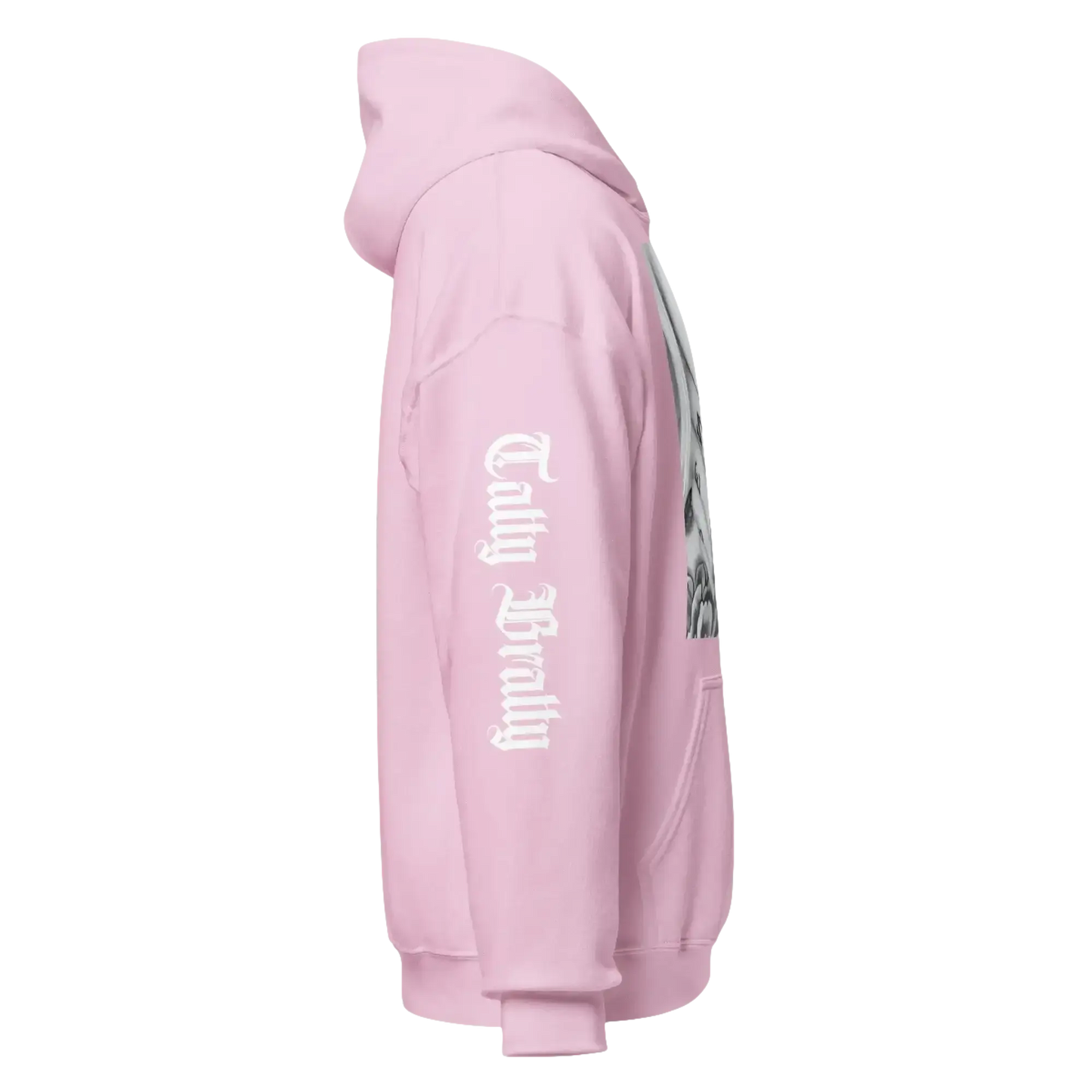 Pink hoodie with sleeve text.
