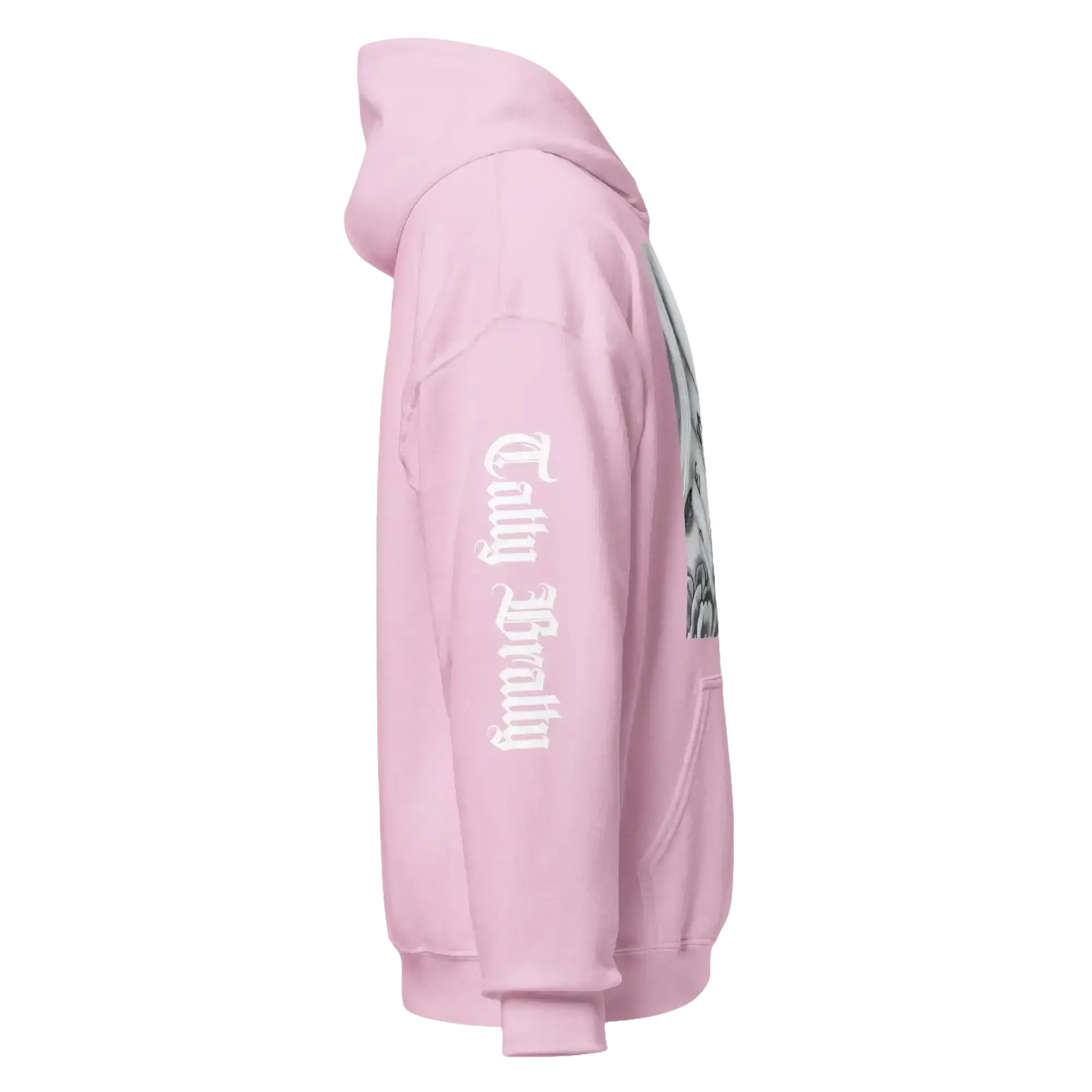 Pink hoodie with sleeve text.