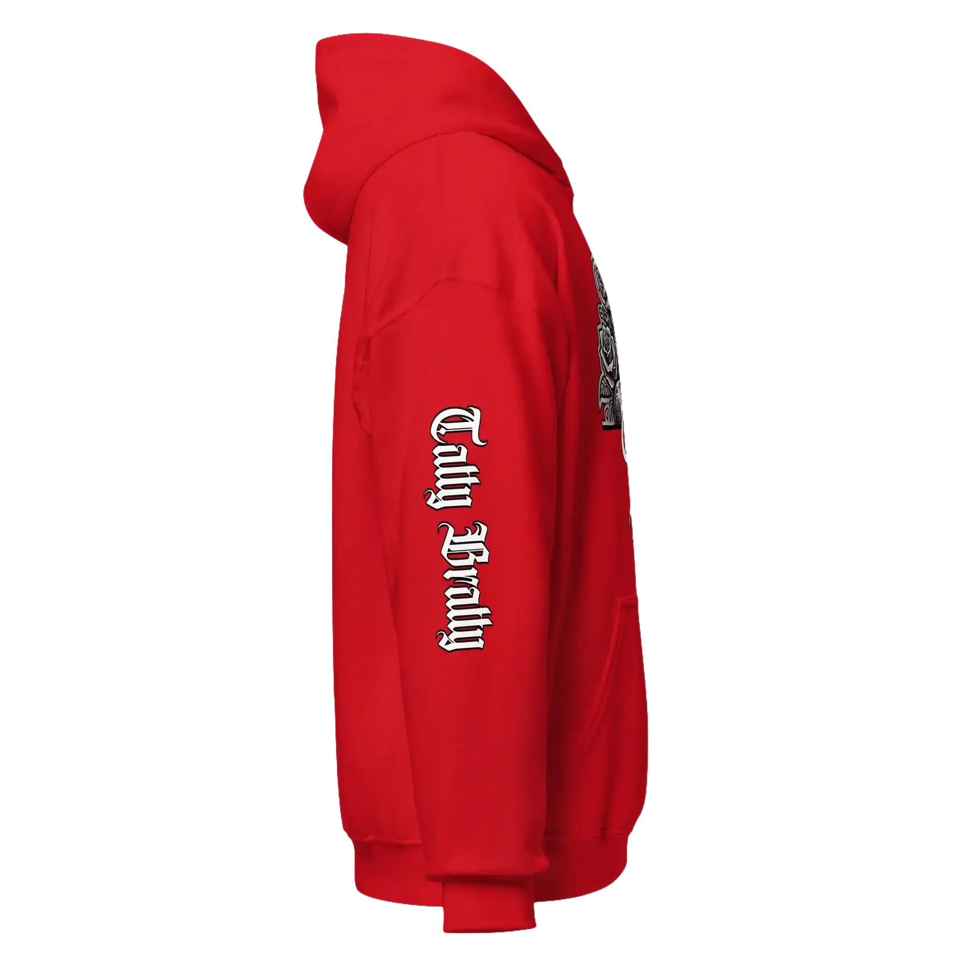 Red hooded sweatshirt.