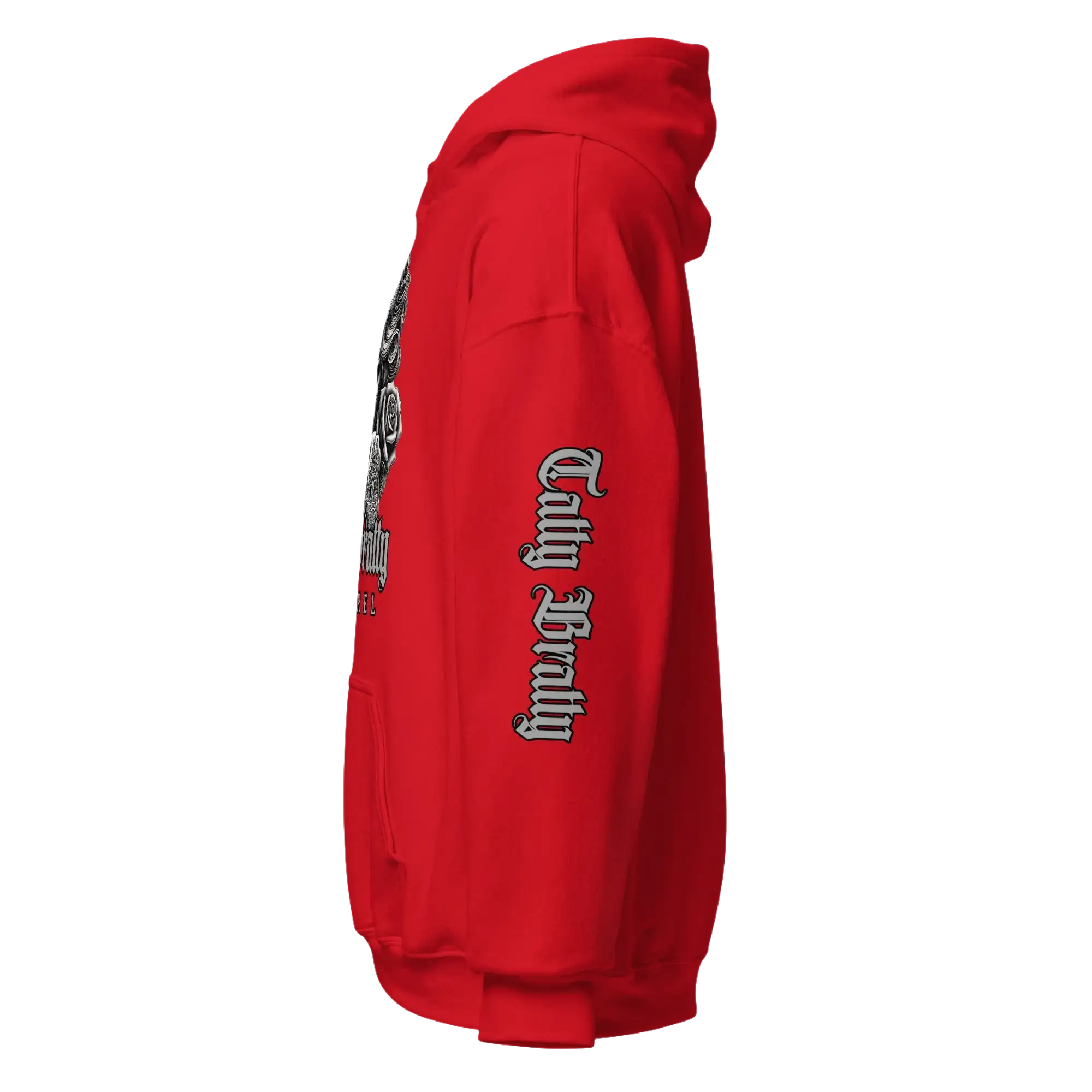 Red hooded sweatshirt.