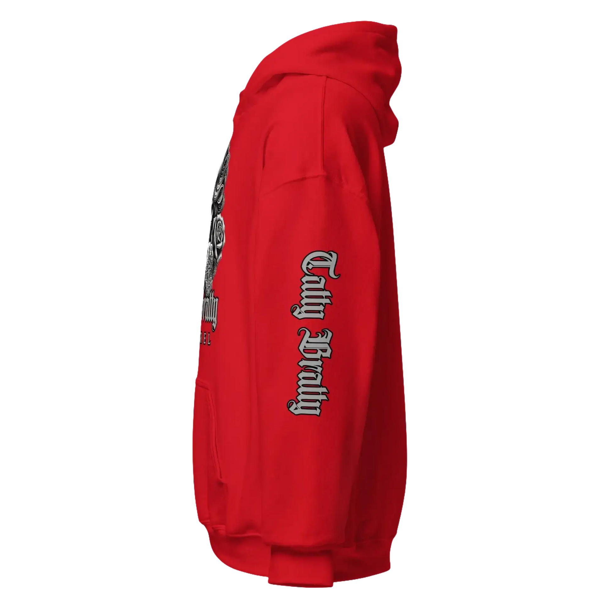 Red hooded sweatshirt.