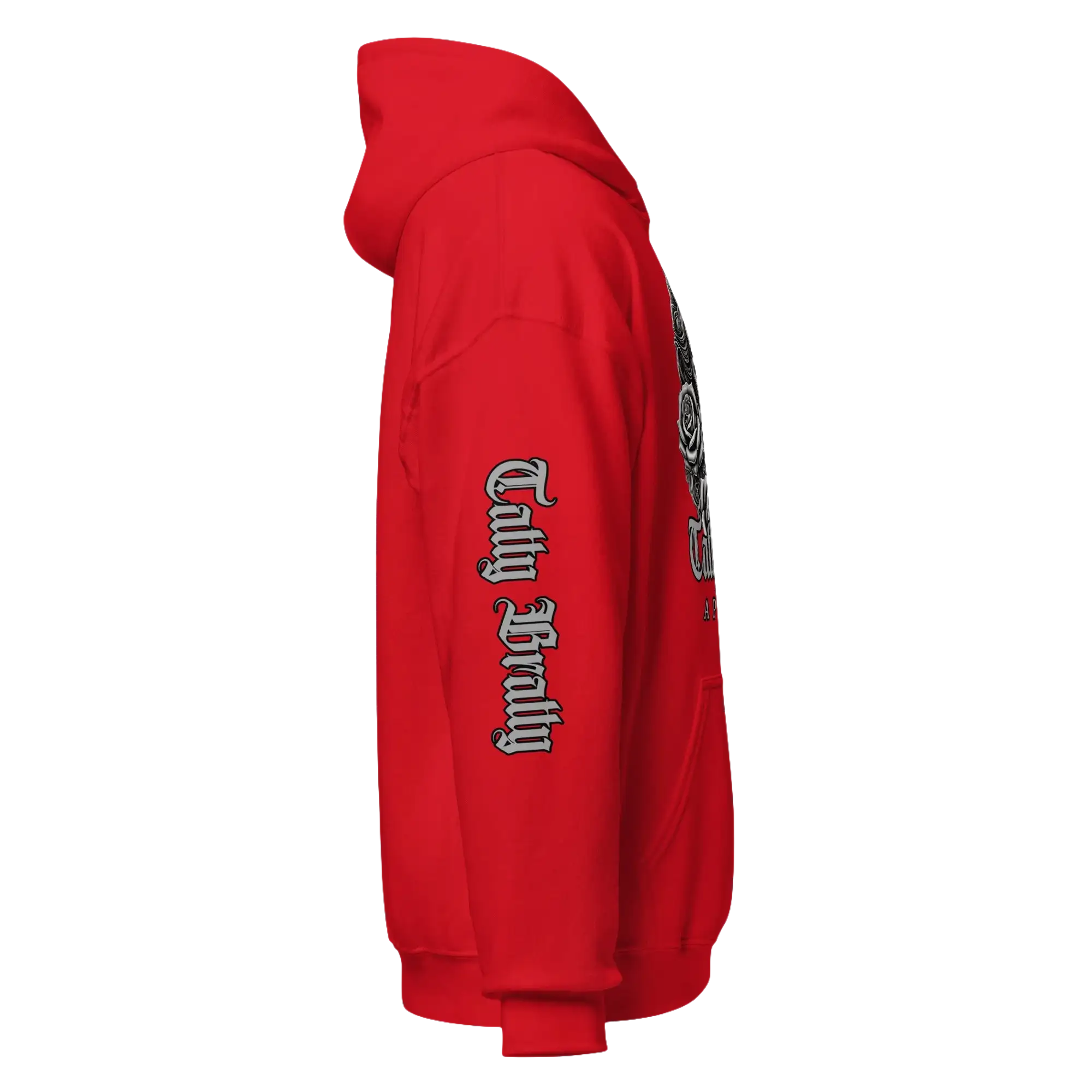 Red hoodie with sleeve graphic.