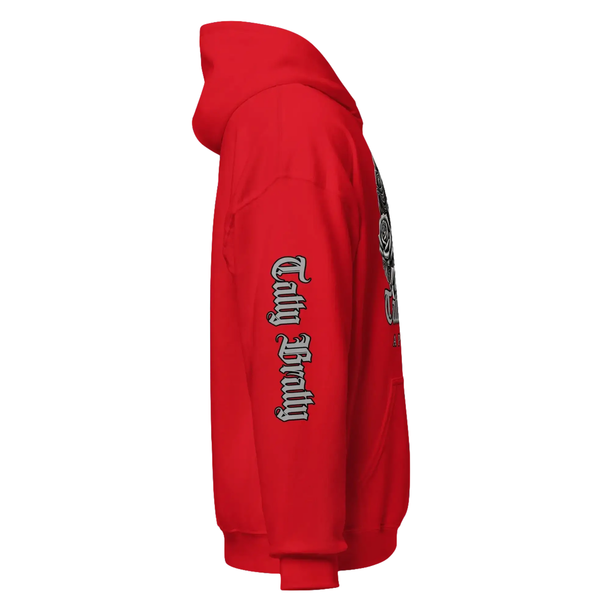 Red hoodie with sleeve graphic.