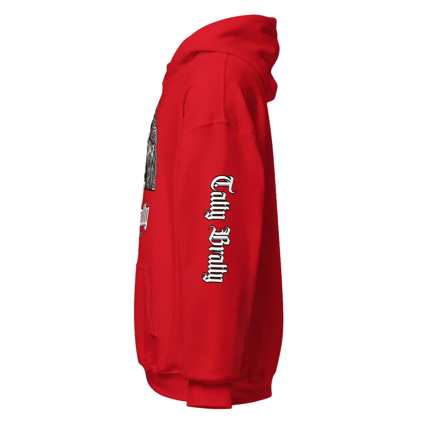 Red hoodie with sleeve print.