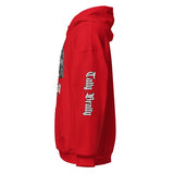 Red hoodie with sleeve print.