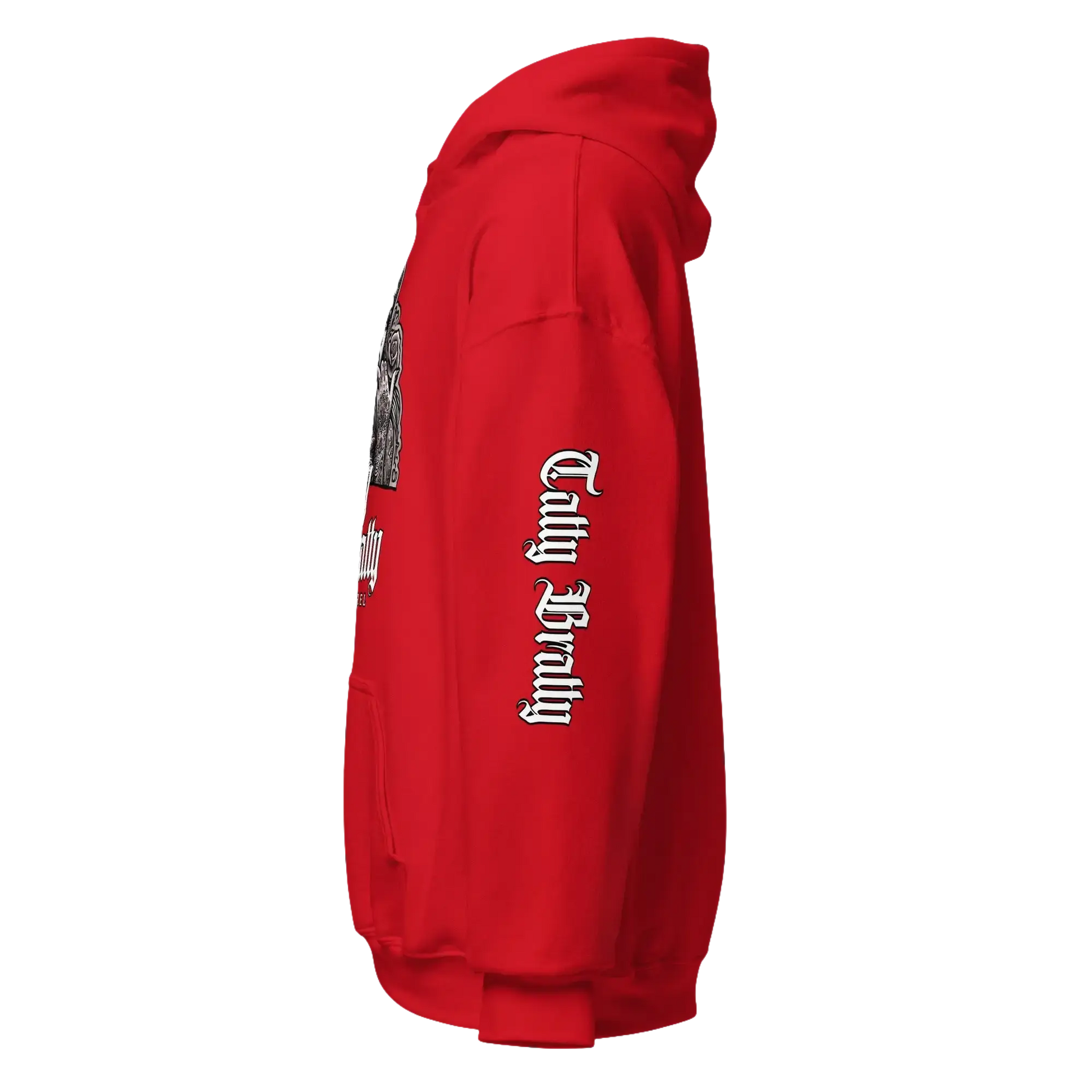 Red hoodie with sleeve print.