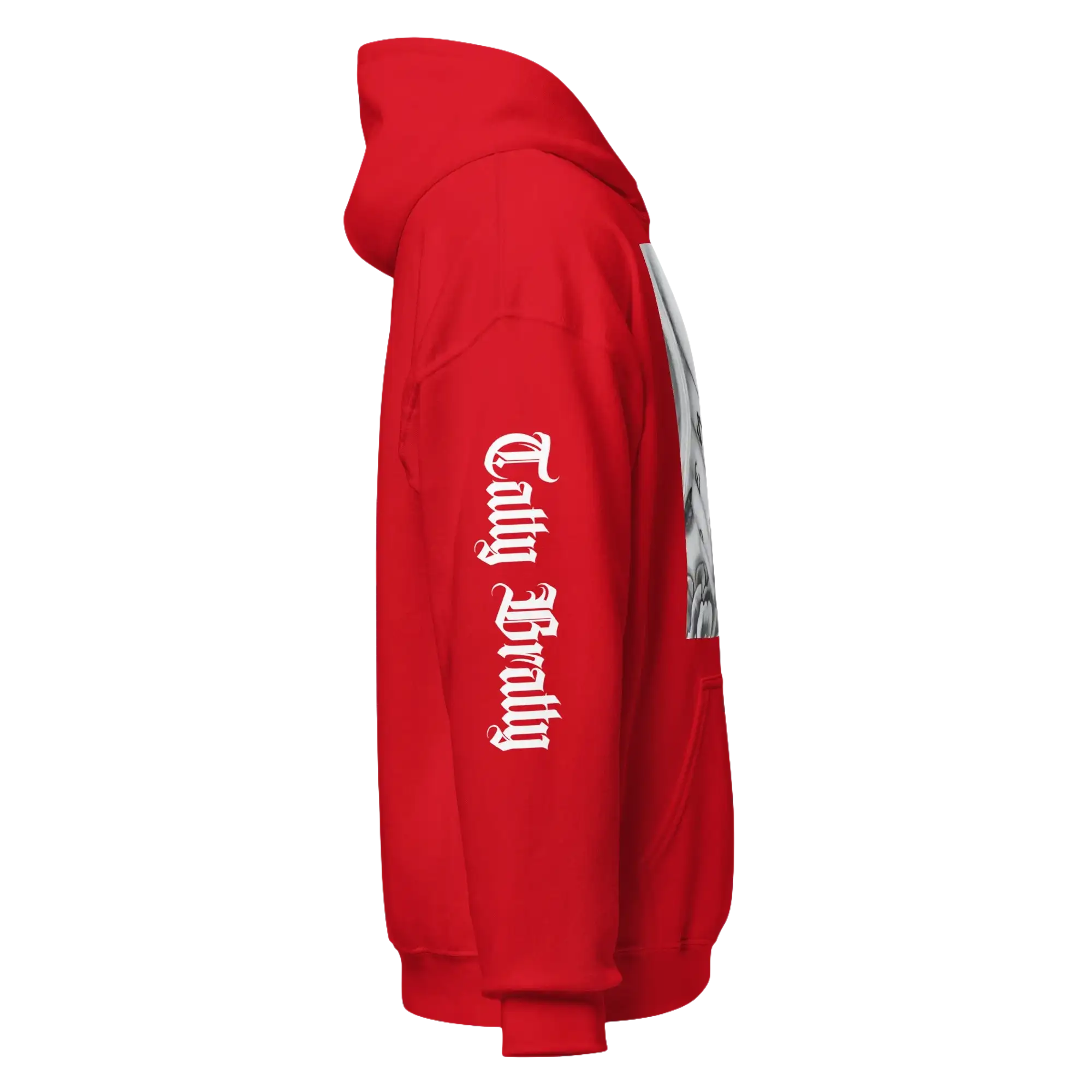 Red hoodie with sleeve text.
