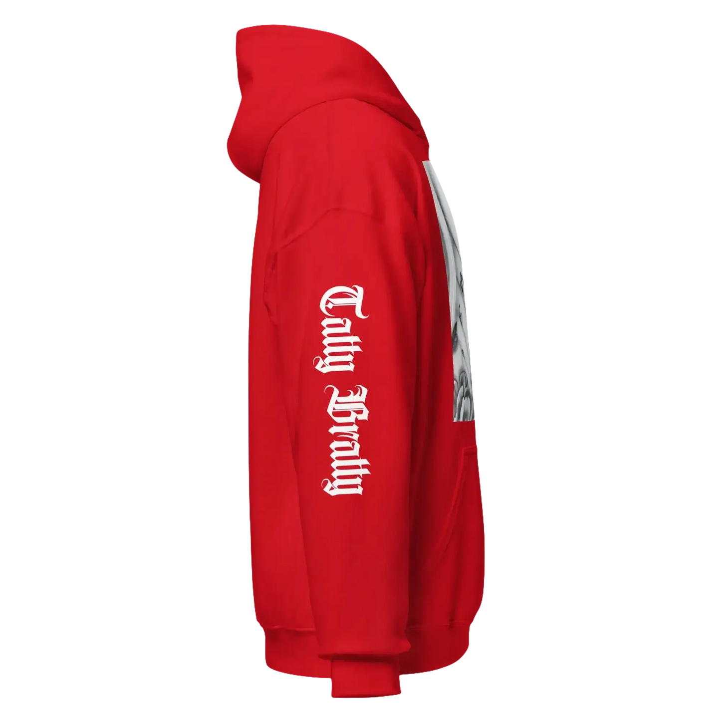 Red hoodie with sleeve text.