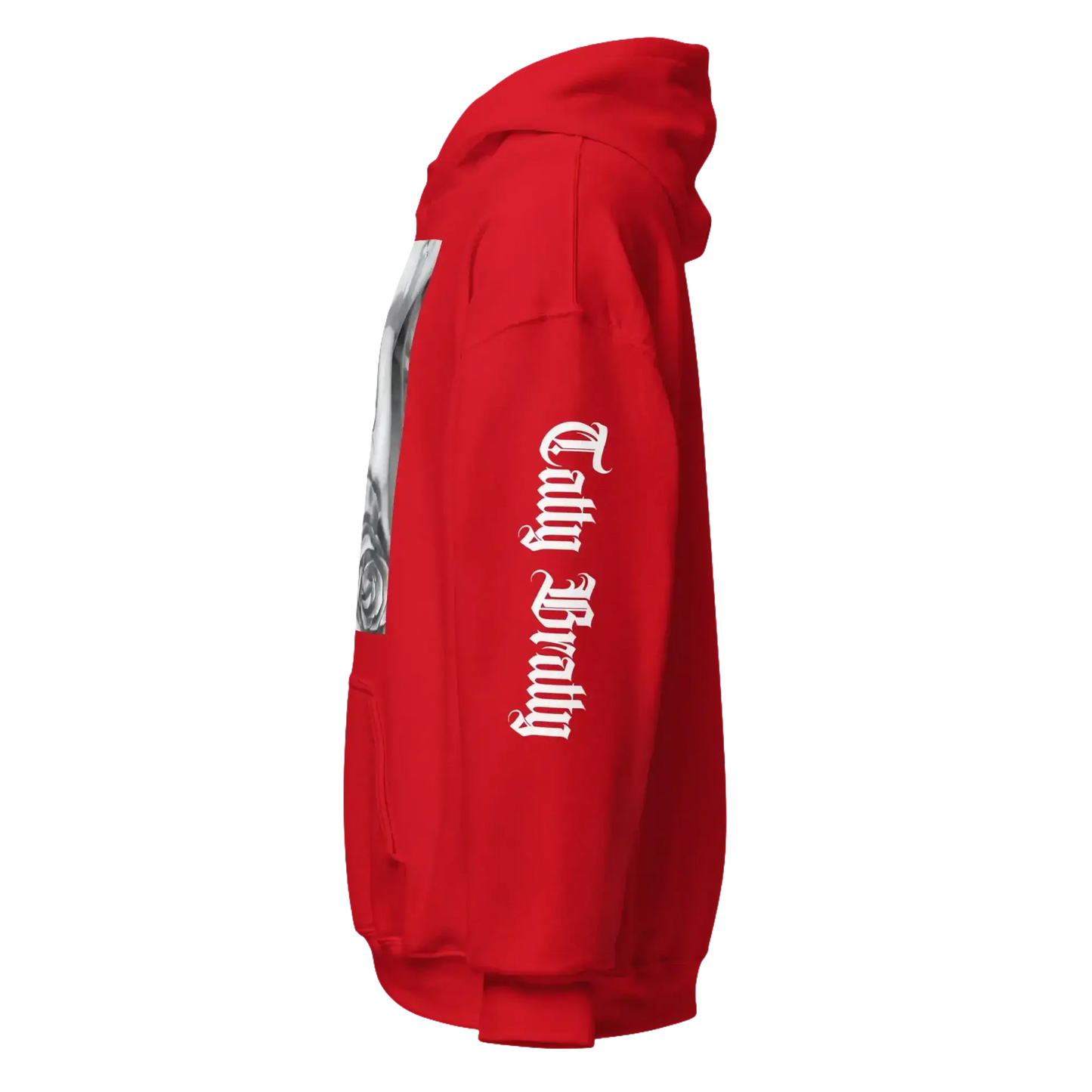 Red hoodie with sleeve text.