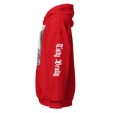 Red hoodie with sleeve text.
