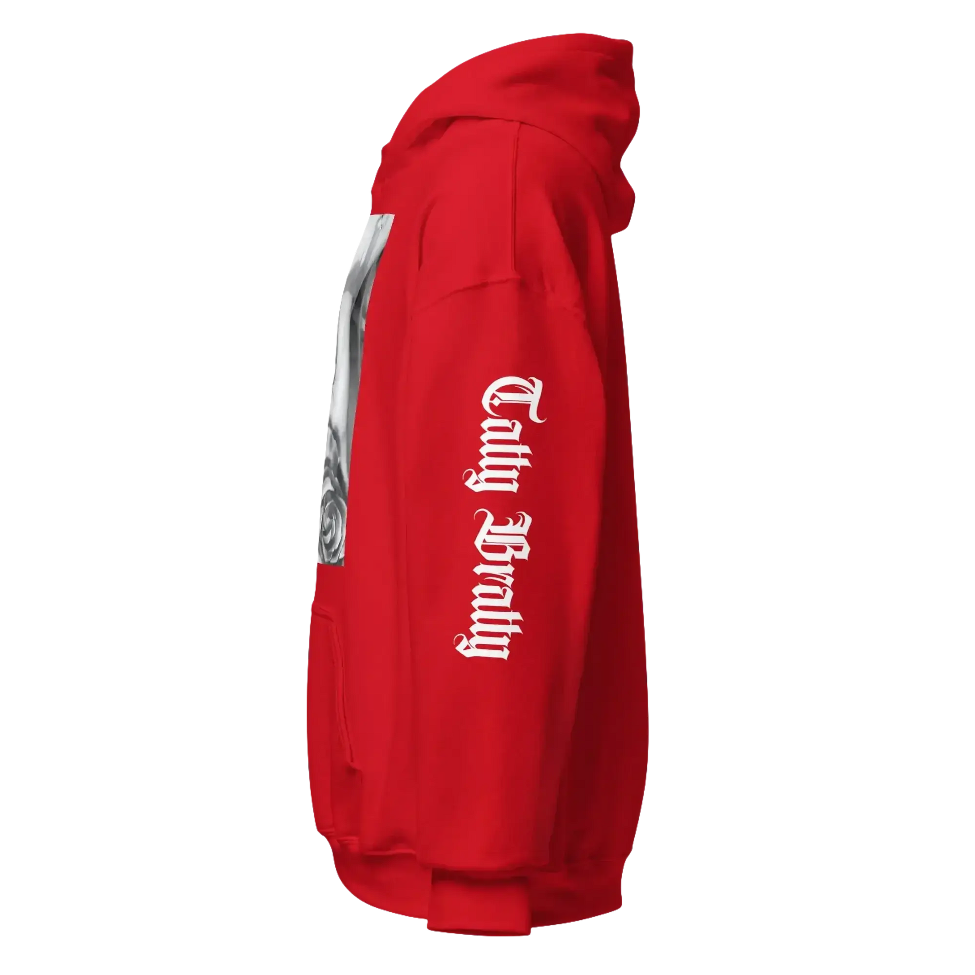 Red hoodie with sleeve text.