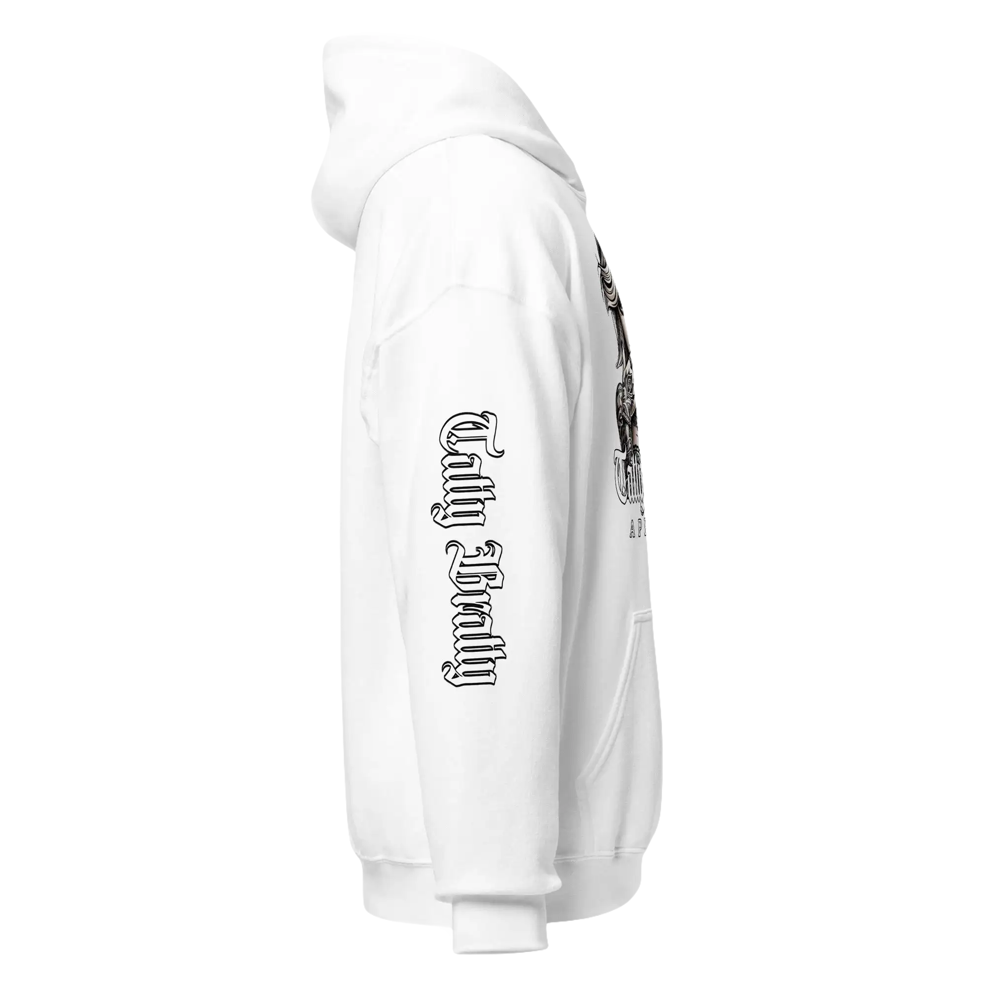 White hoodie with gothic script.
