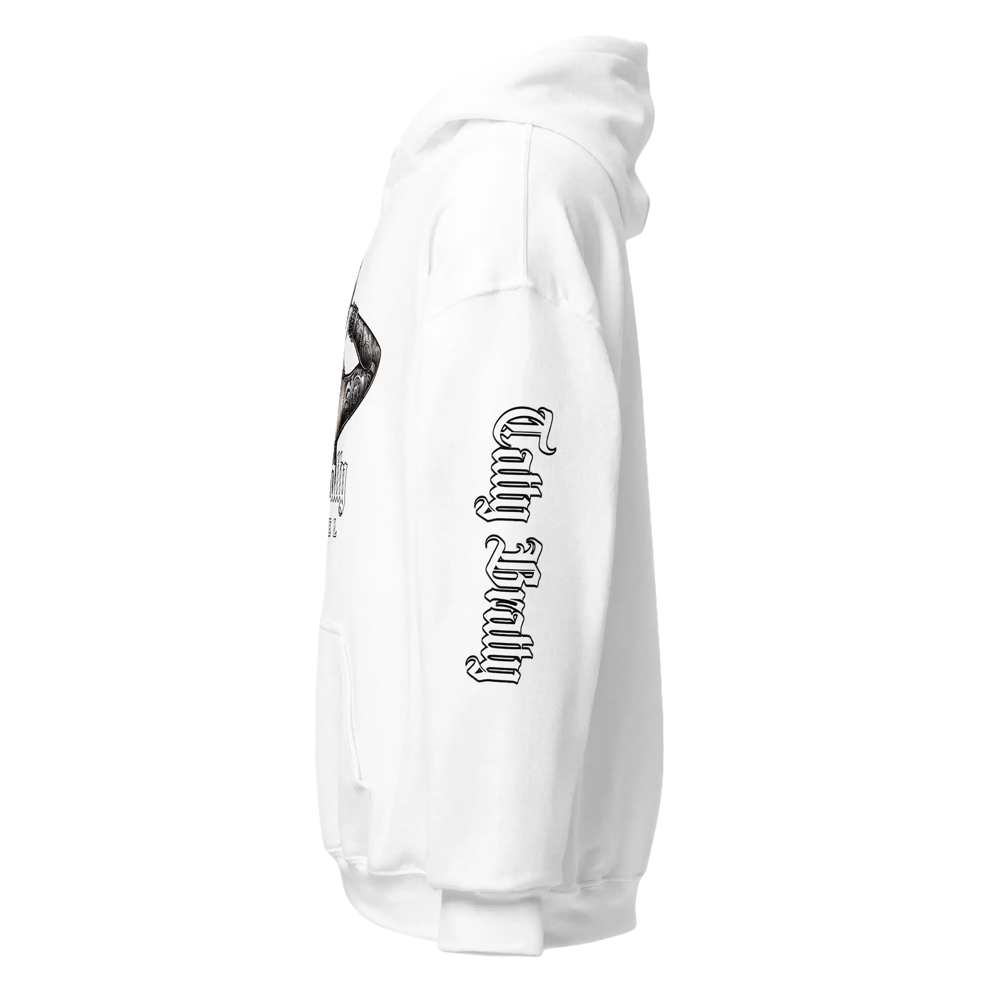 White hooded sweatshirt.