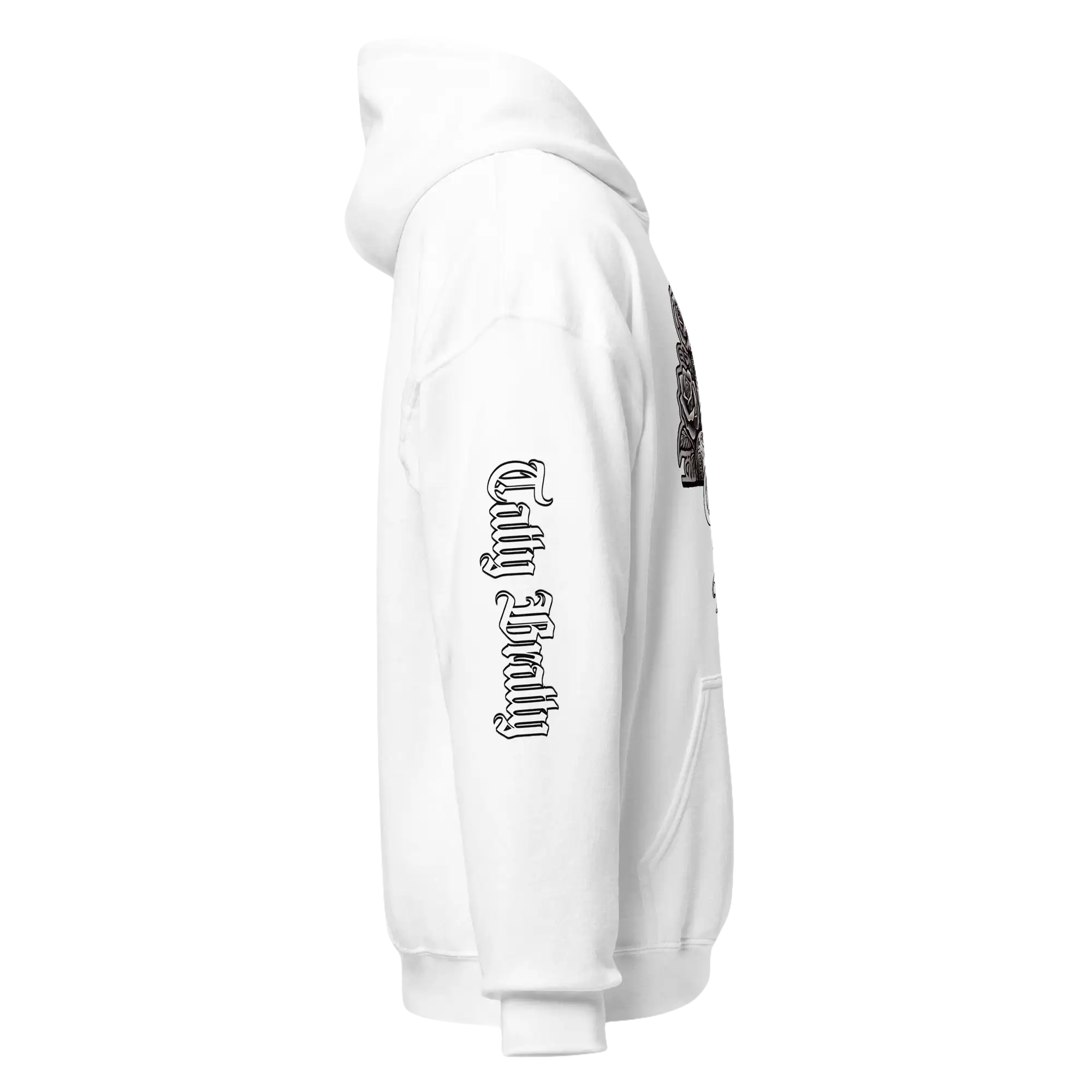 White hooded sweatshirt.