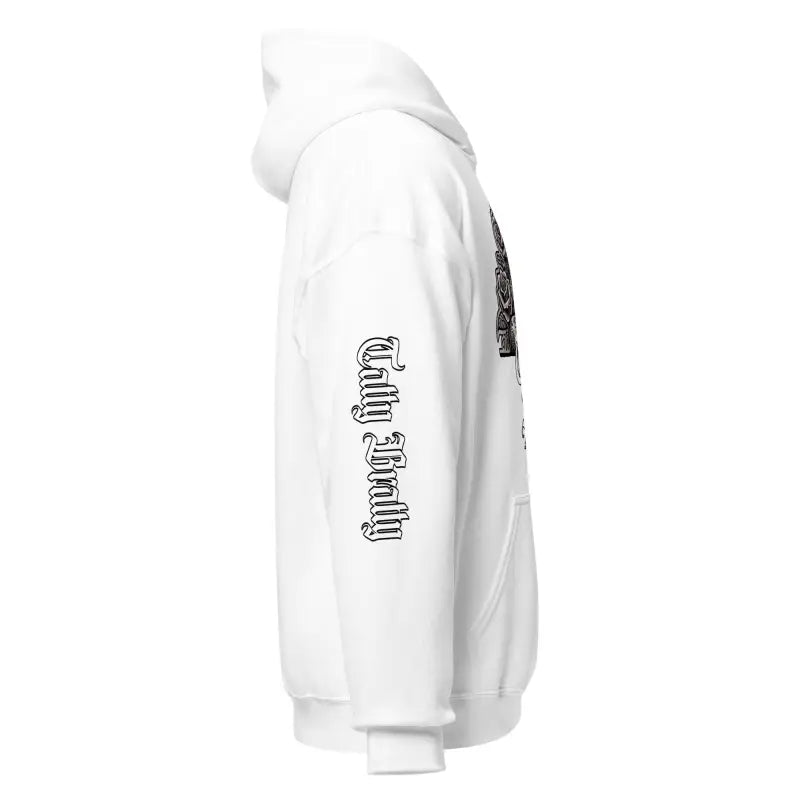 White hooded sweatshirt.