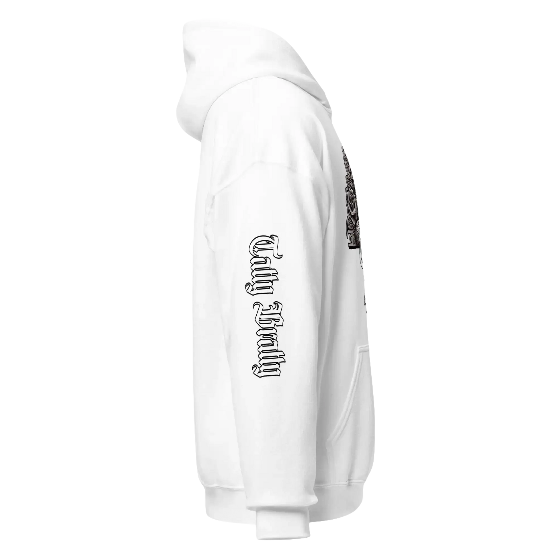 White hooded sweatshirt.