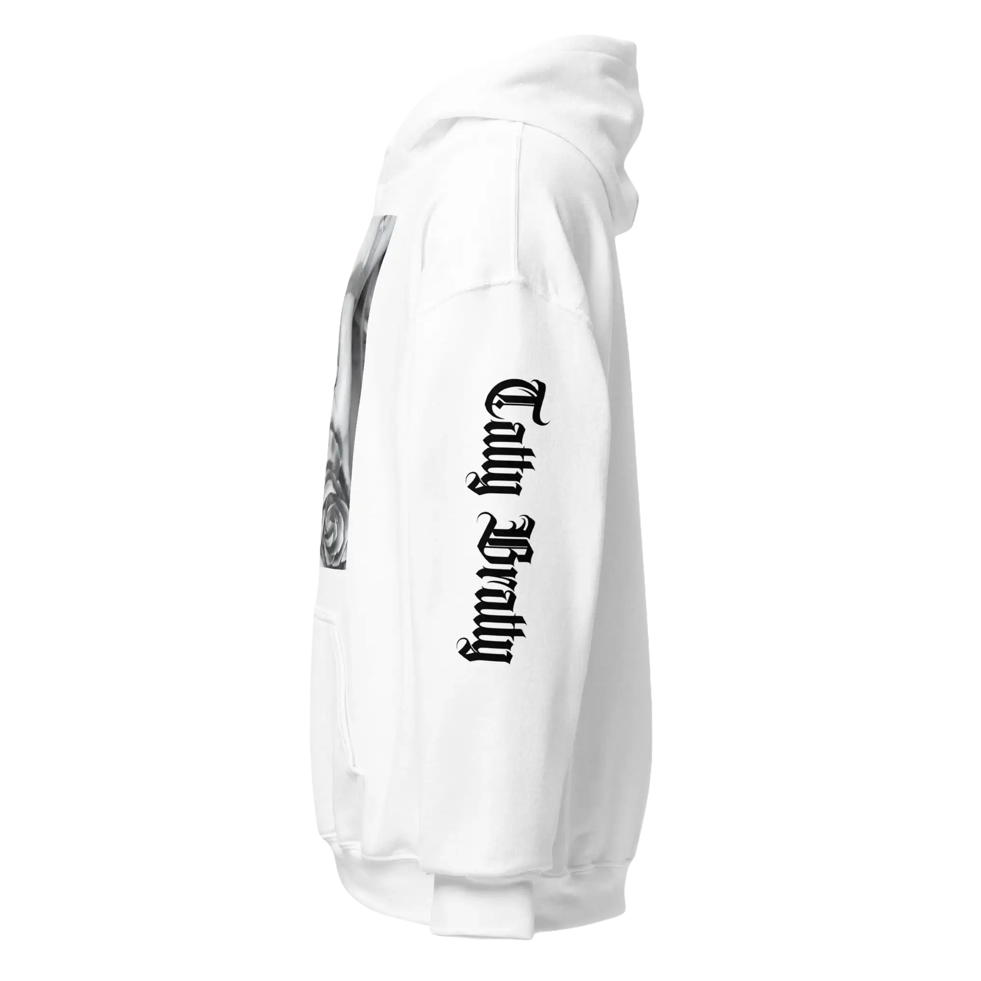 White hoodie with sleeve graphic.
