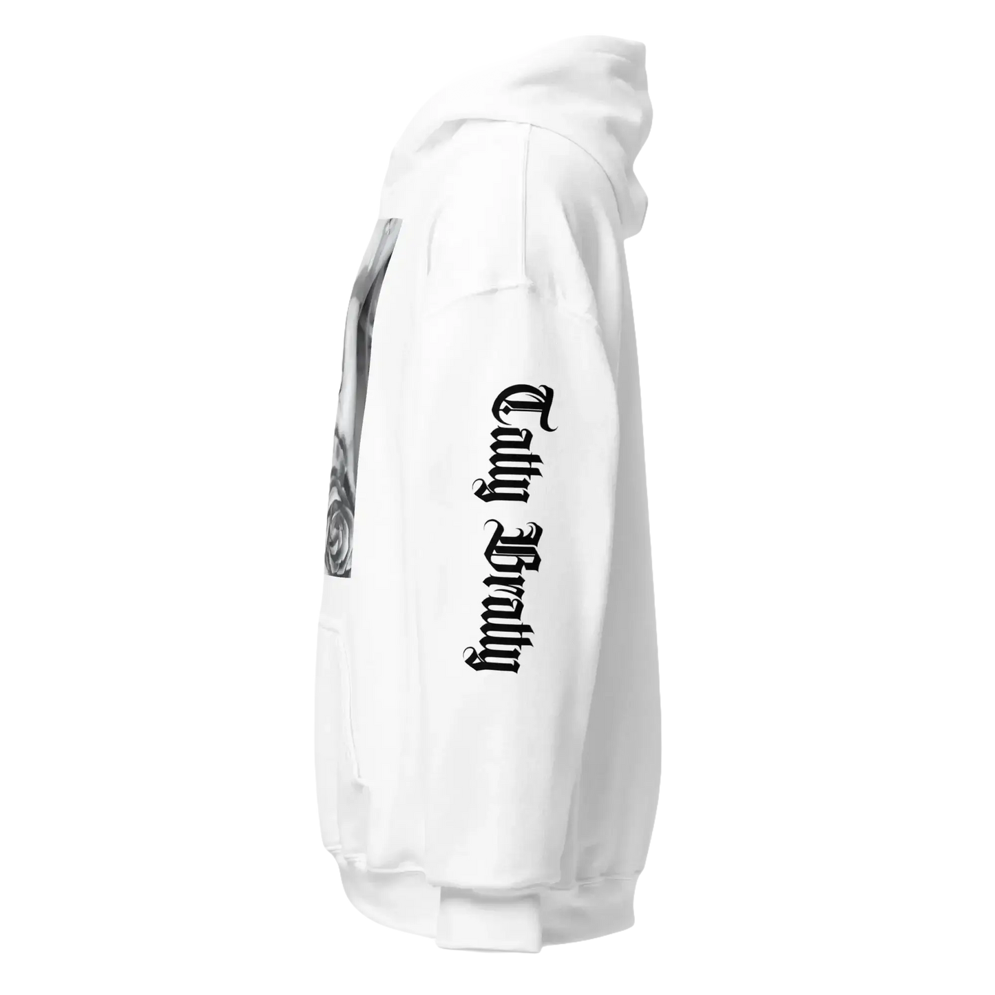 White hoodie with sleeve graphic.