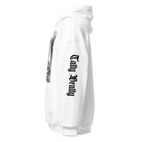White hoodie with sleeve graphic.