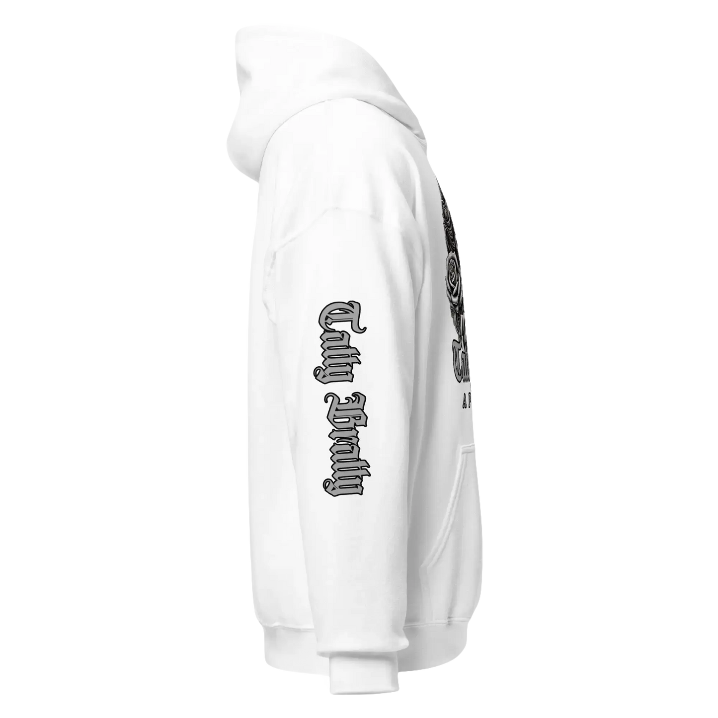 White hoodie with sleeve graphic.