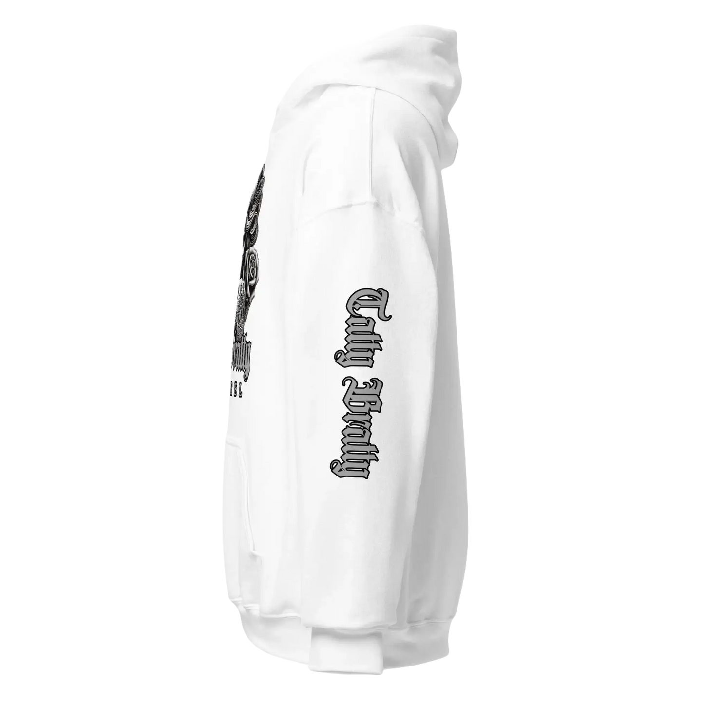 White hoodie with sleeve graphic.