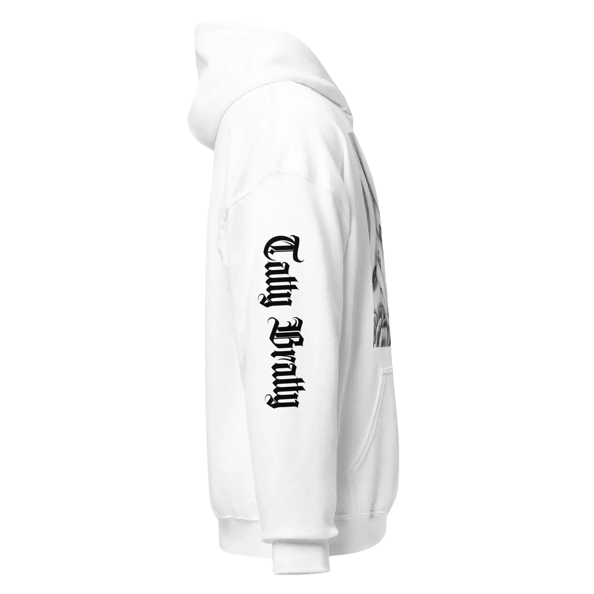 White hoodie with sleeve text.