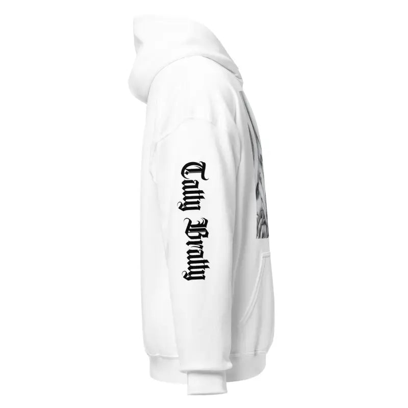 White hoodie with sleeve text.