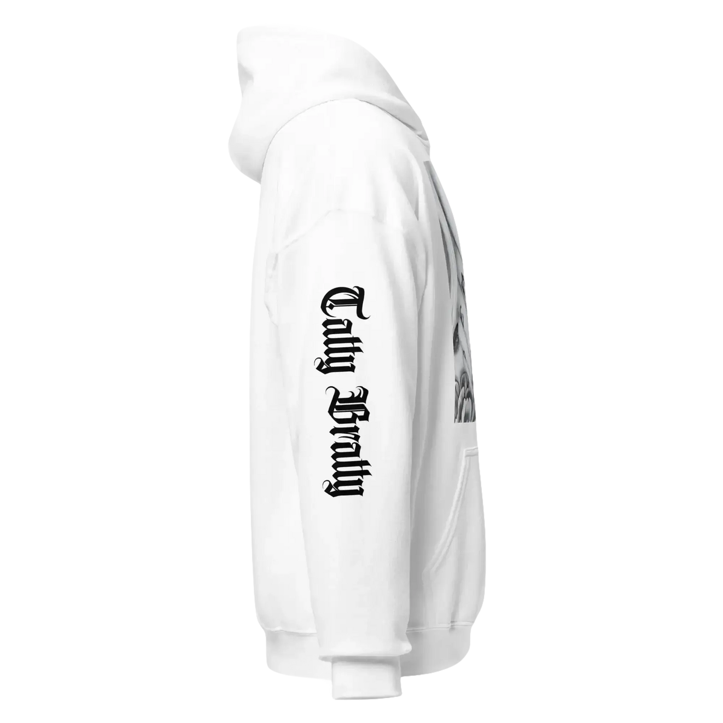 White hoodie with sleeve text.