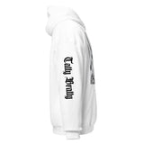 White hoodie with sleeve text.
