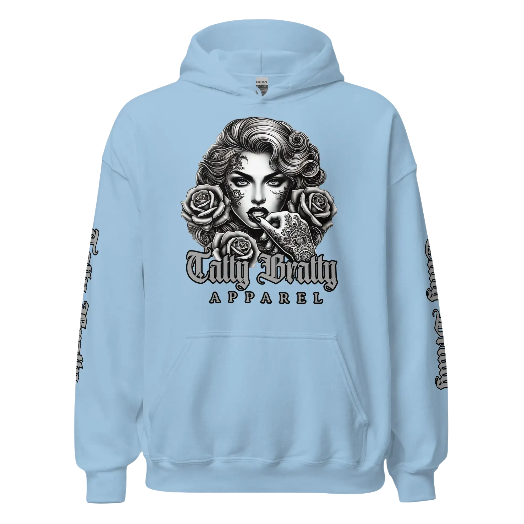 Light blue hoodie with graphic.