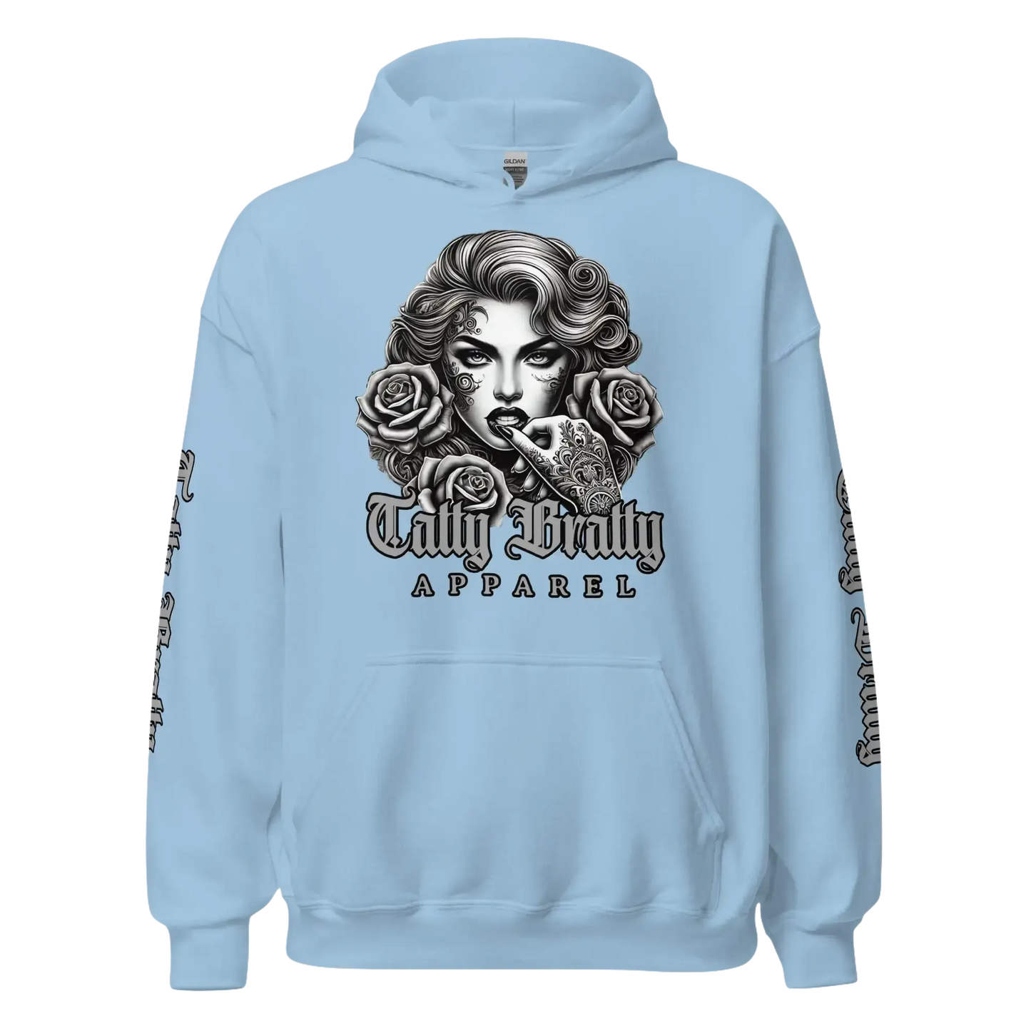 Light blue hoodie with graphic.