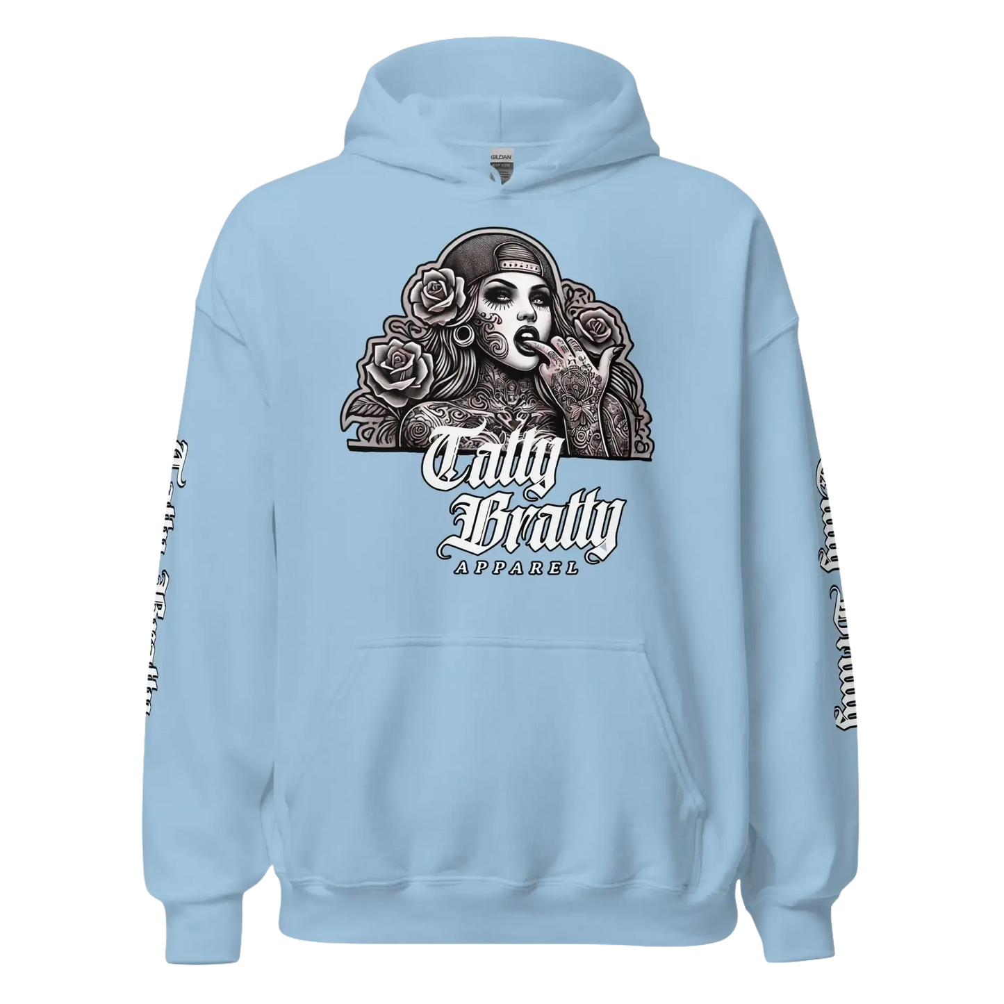 Light blue hoodie with graphic.