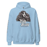 Light blue hoodie with graphic.