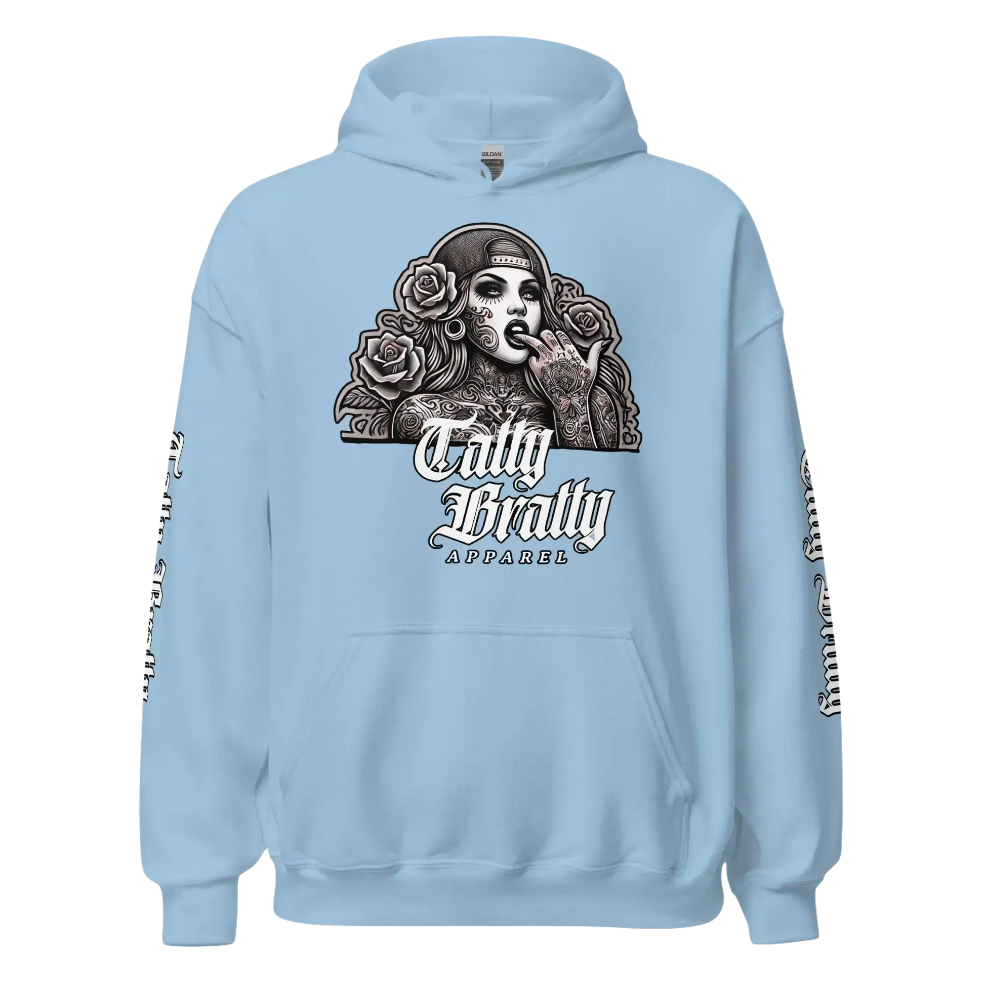 Light blue hoodie with graphic.