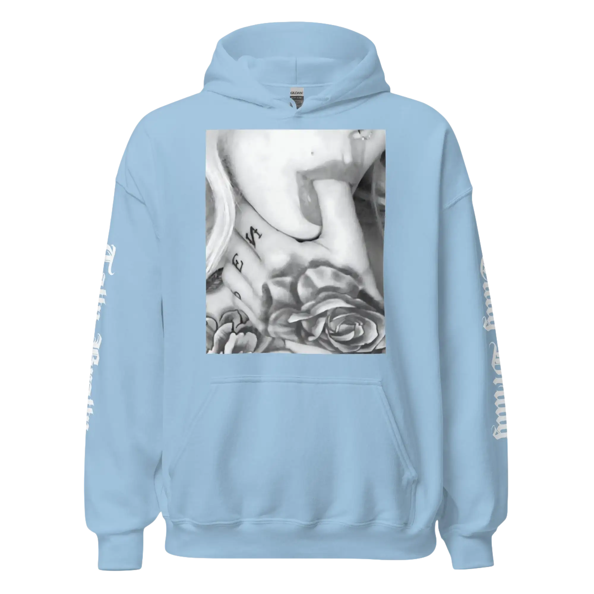Light blue hoodie with a tattoo design.