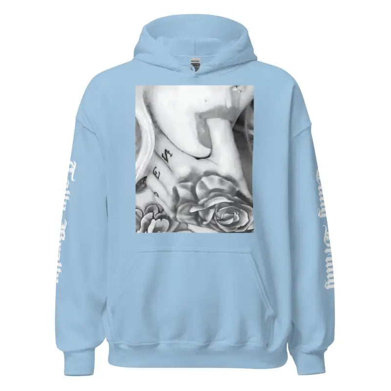 Light blue hoodie with a tattoo design.
