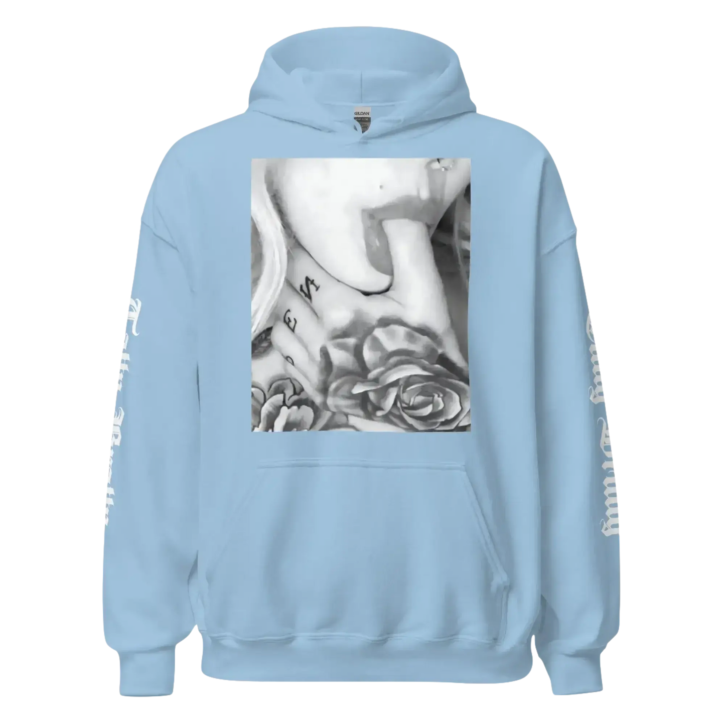 Light blue hoodie with a tattoo design.