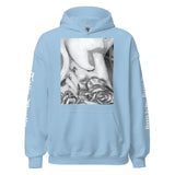 Light blue hoodie with a tattoo design.