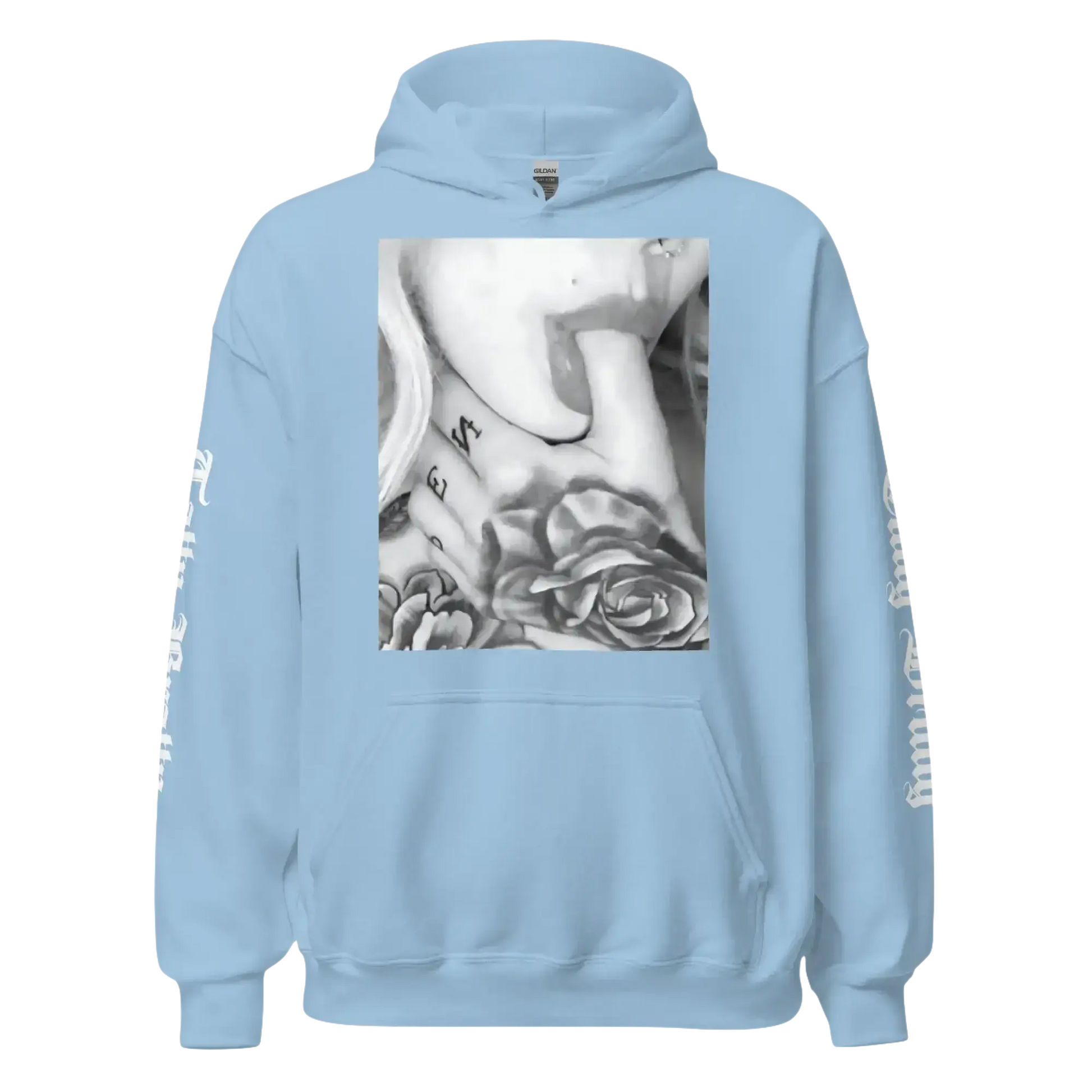 Light blue hoodie with a tattoo design.