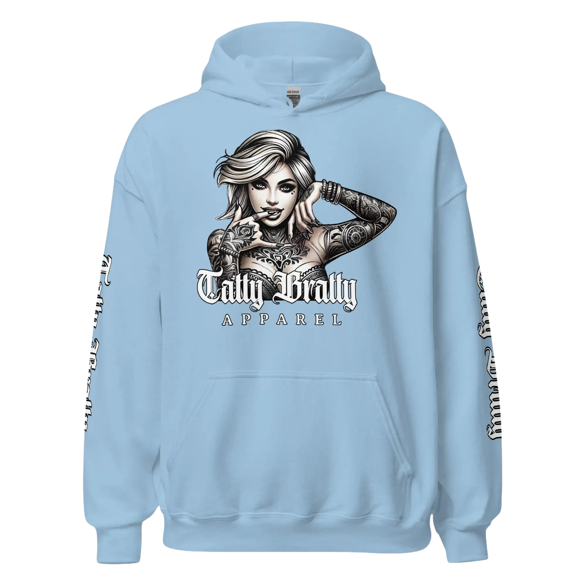 Light blue hoodie with a tattooed woman graphic.