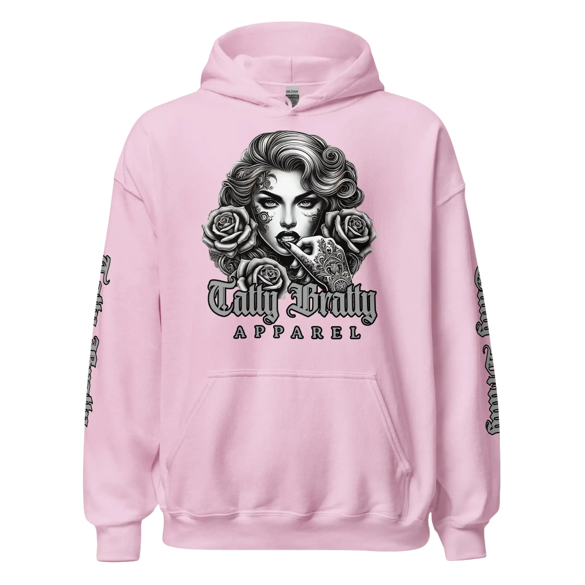 Pink hoodie with graphic print.
