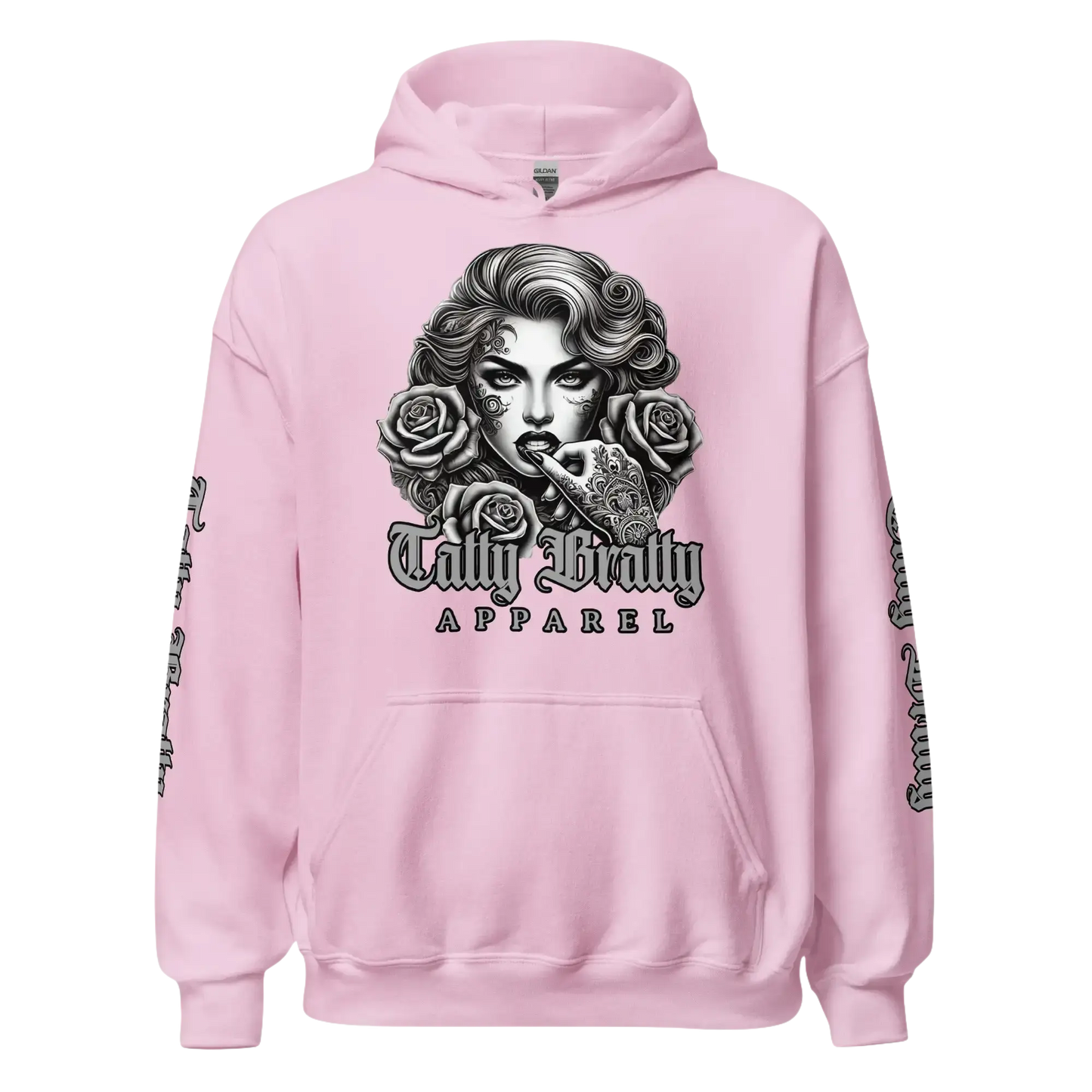 Pink hoodie with graphic print.