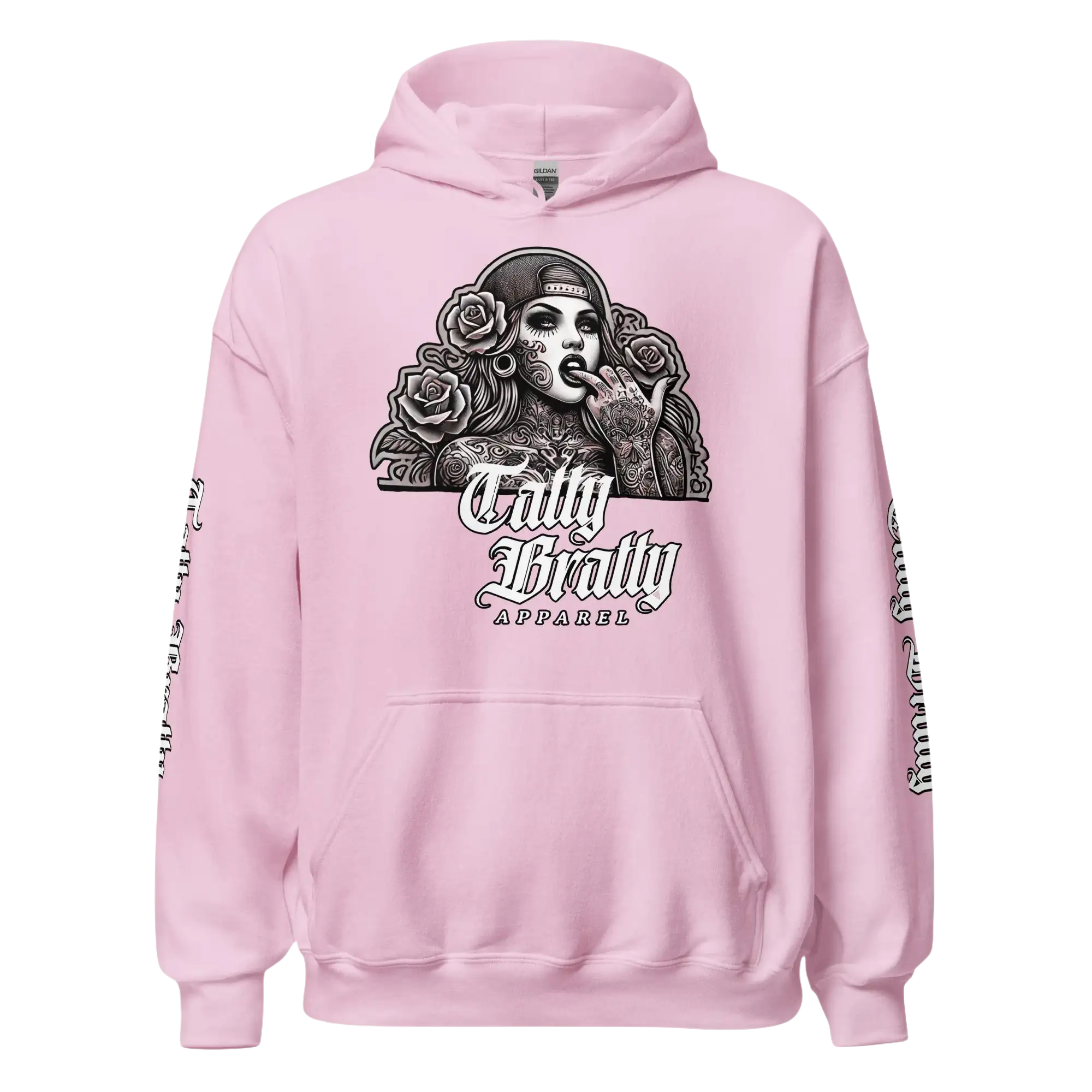 Pink hoodie with graphic print.