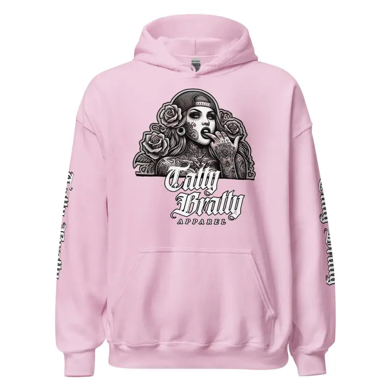 Pink hoodie with graphic print.