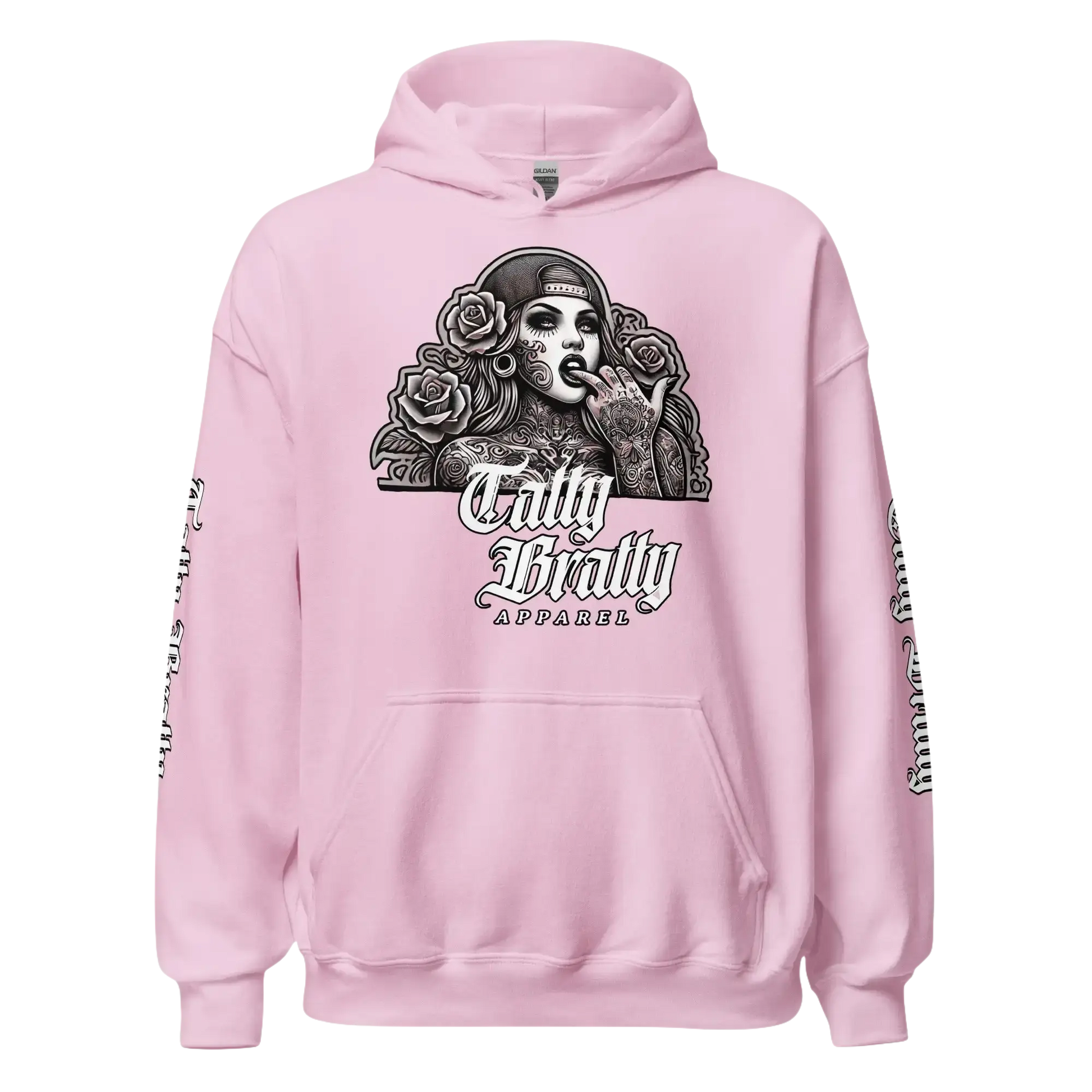 Pink hoodie with graphic print.