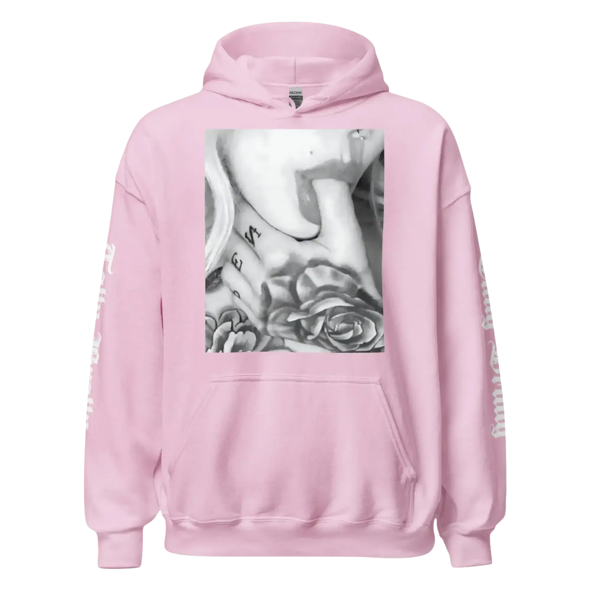 Pink hoodie with a tattoo graphic.